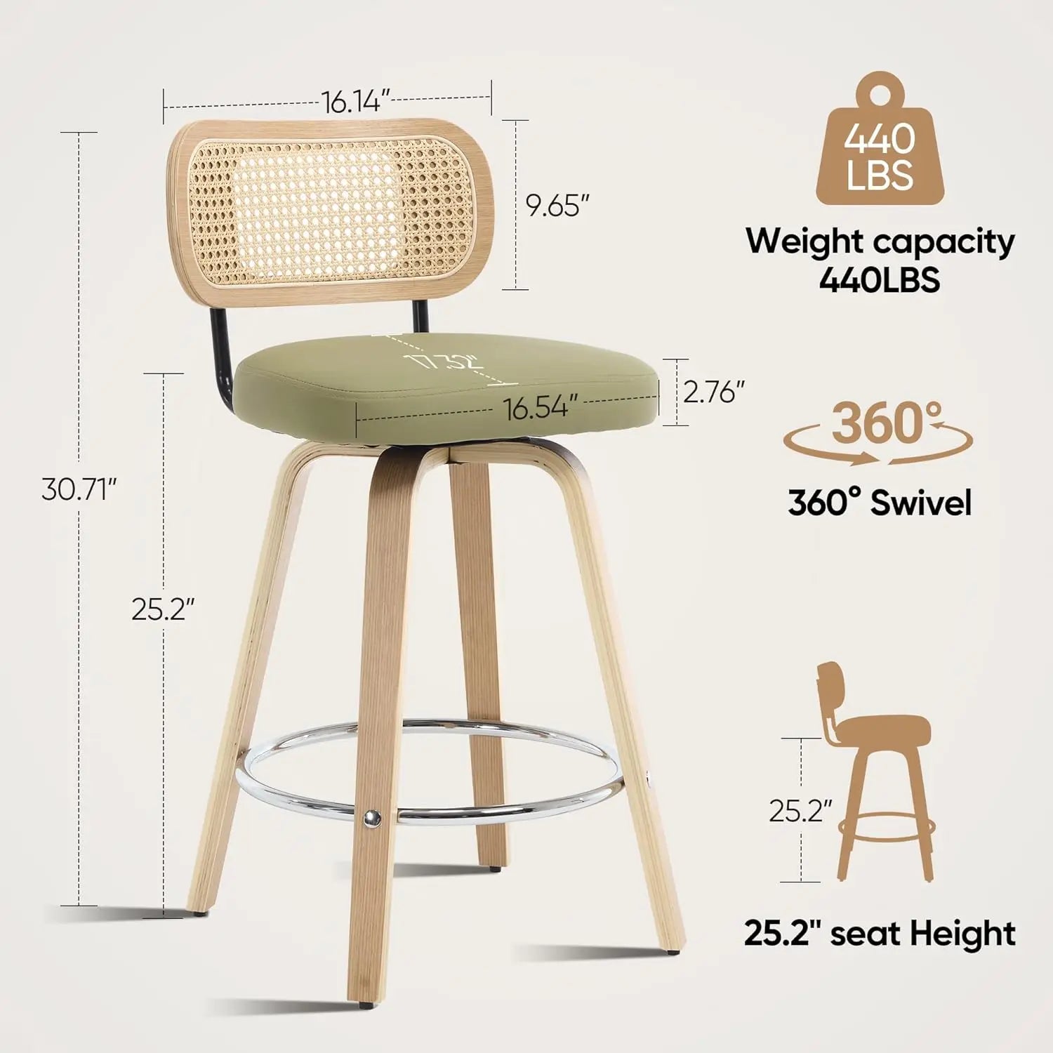 2 - Natural Rattan Bar Stools, Upholstered PU Leather