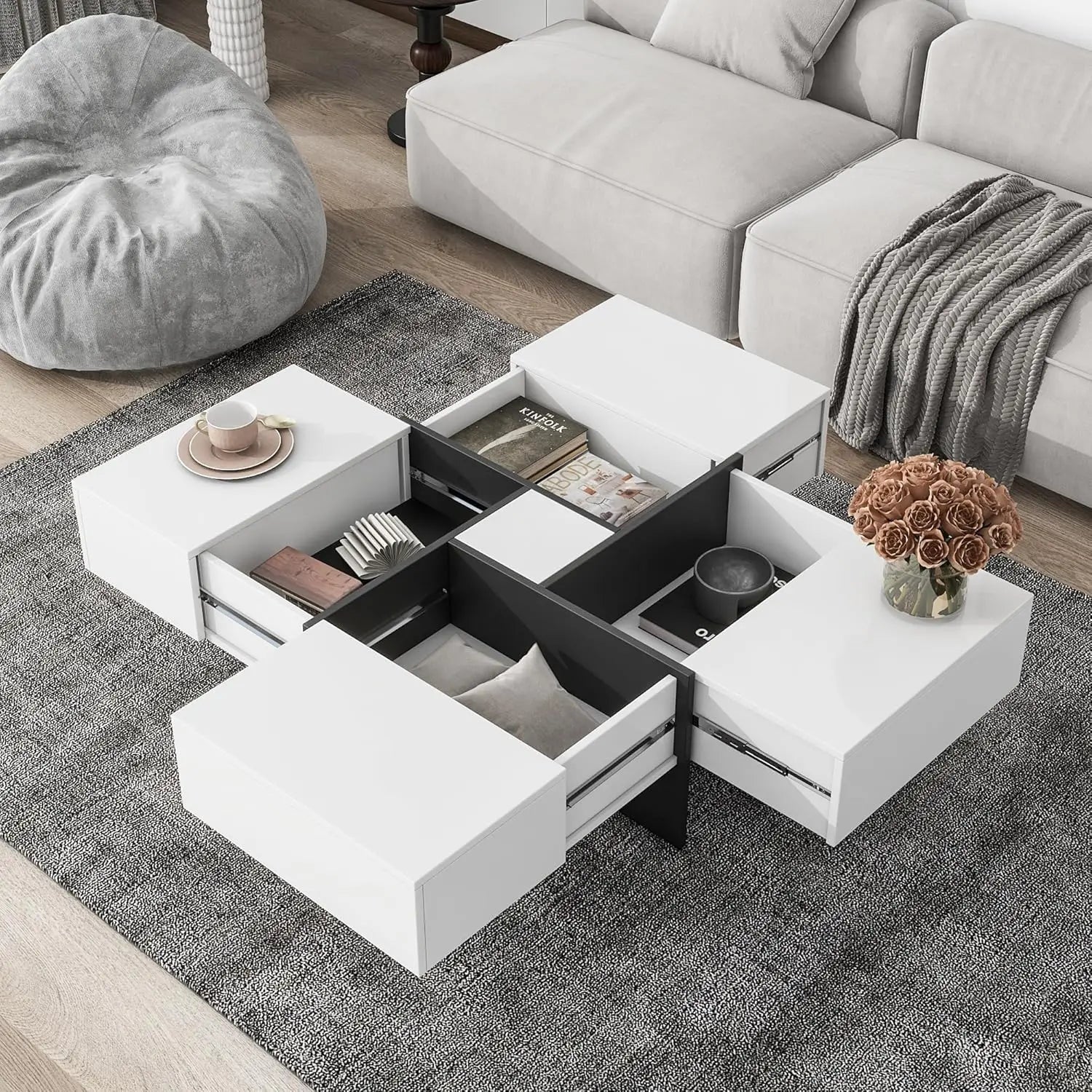 Coffee Table, Faux Marble Top, Rectangular with Caster Wheels.