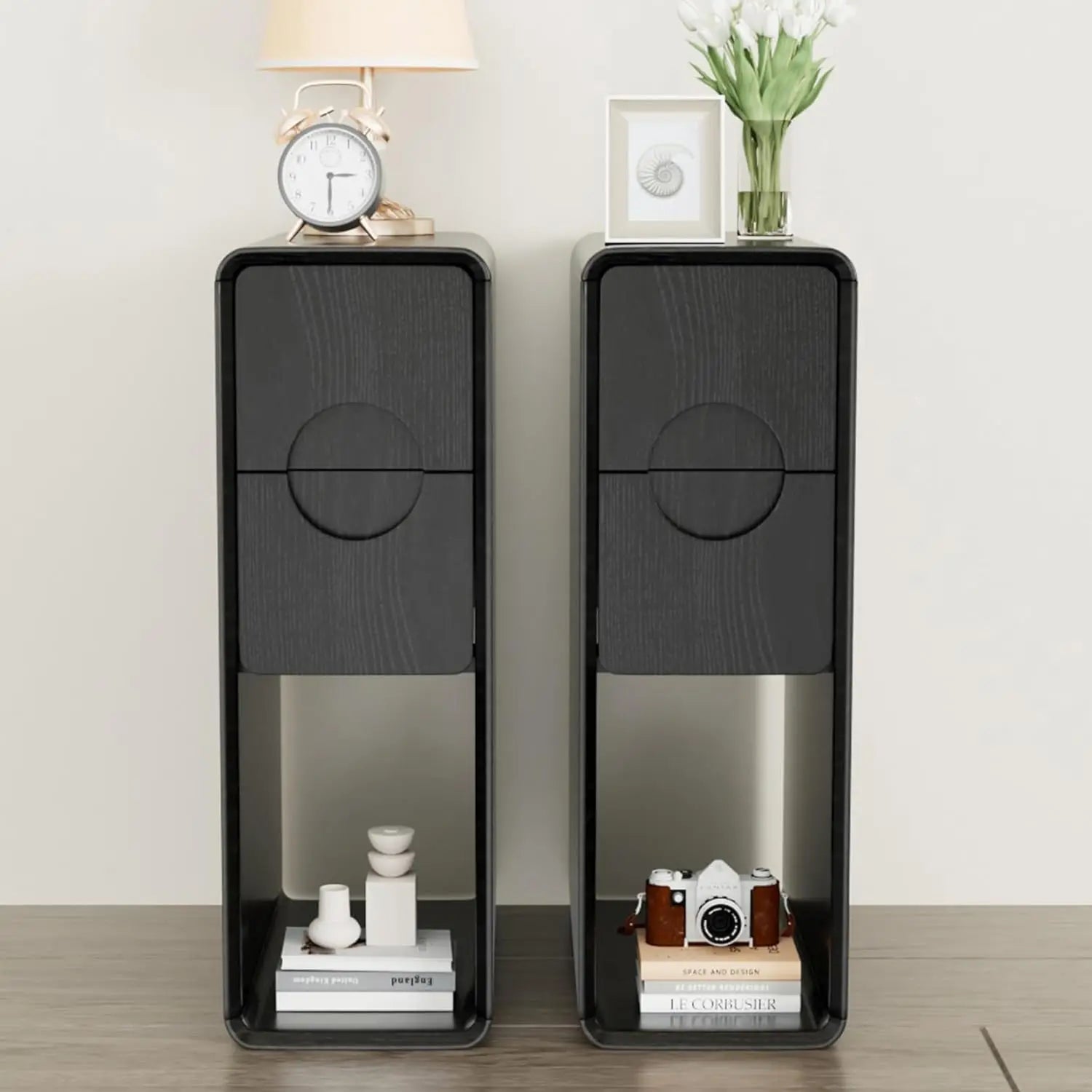 Narrow Fluted End Tables, Set of 2, Wooden 2 Drawers, Slim Nightstands