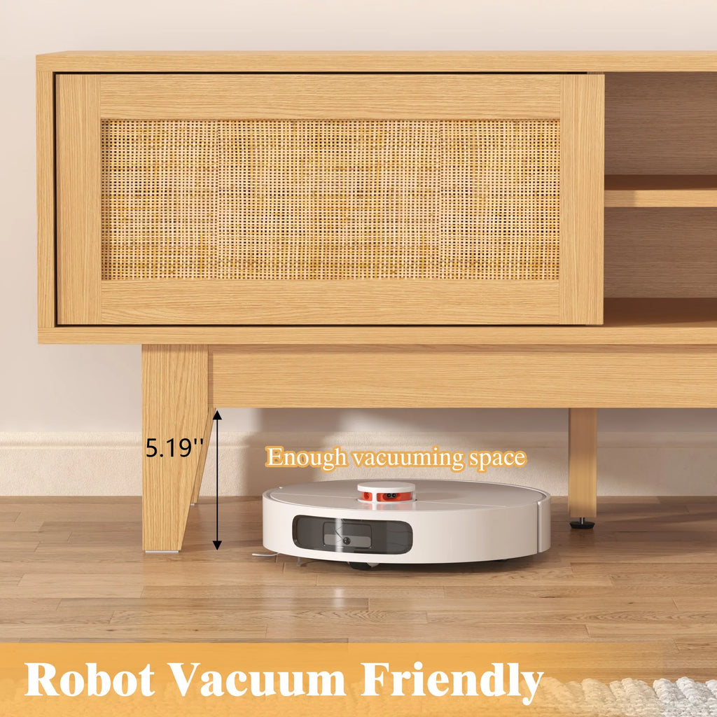 Entertainment Center for 55 65 Inch TV, Rattan, Shelves, Cabinets Sliding Doors