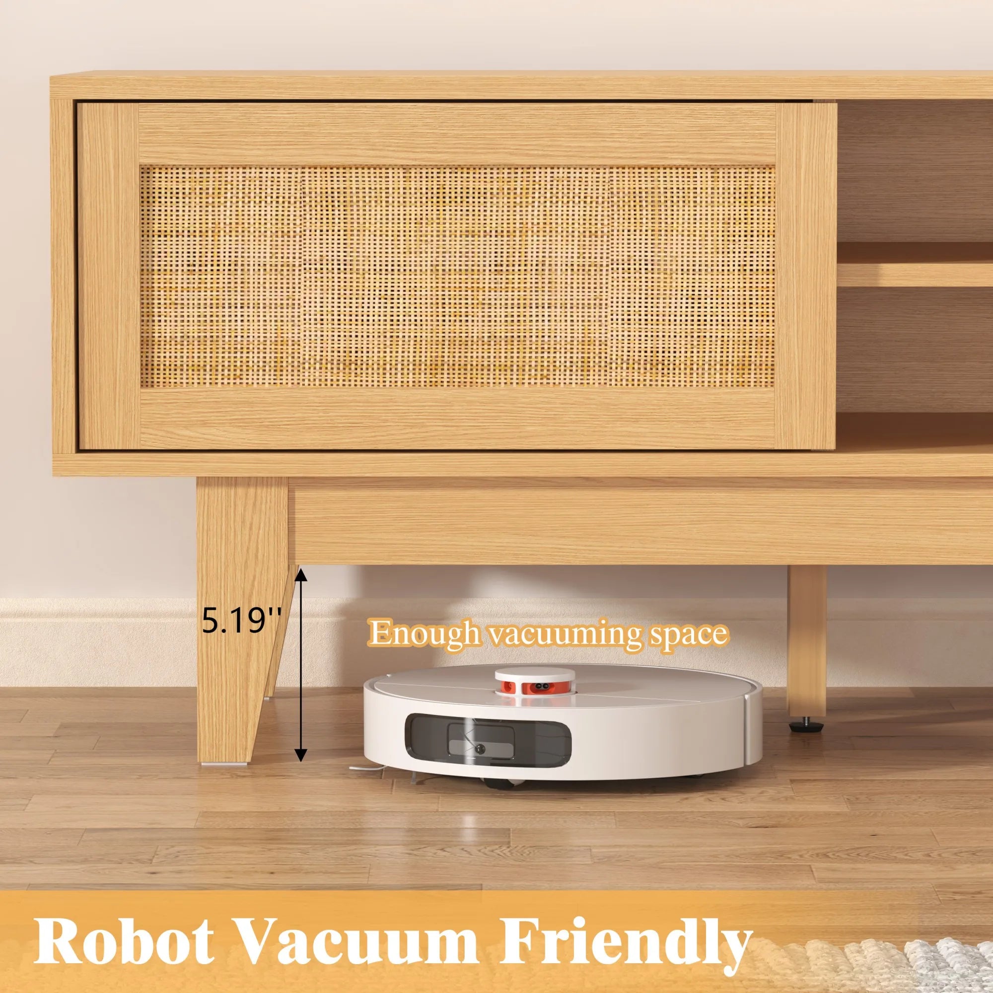 Entertainment Center for 55 65 Inch TV, Rattan, Shelves, Cabinets Sliding Doors