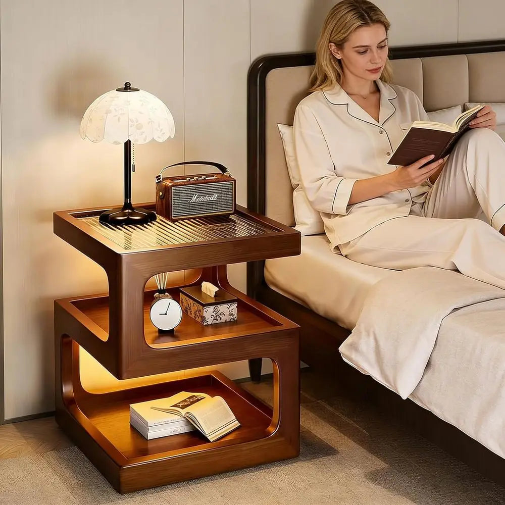 Walnut 3-Open Tier, Tempered Glass Top Nightstand, LED Light.