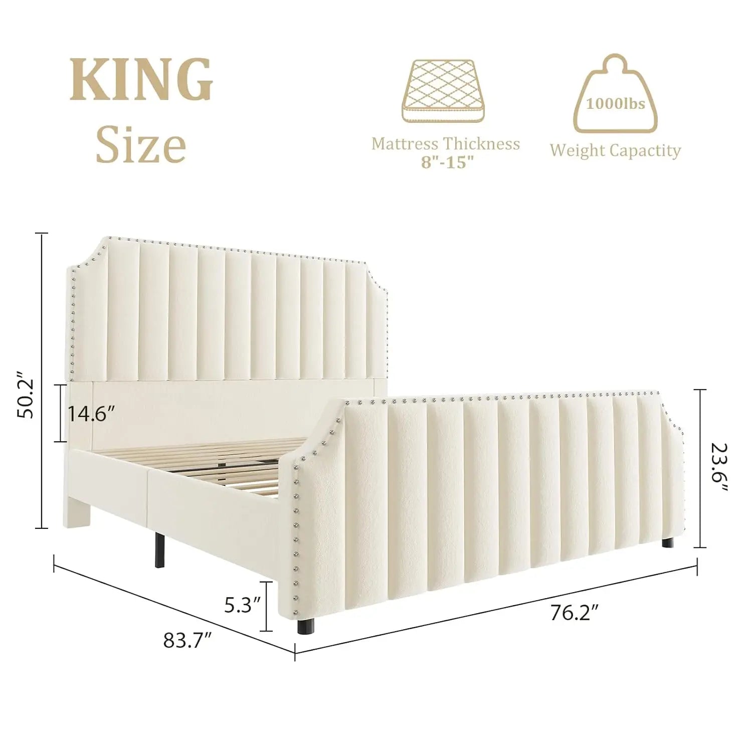 King Velvet Bed Frame 50.2" Upholstered Platform, No Box Spring, Wooden Slats