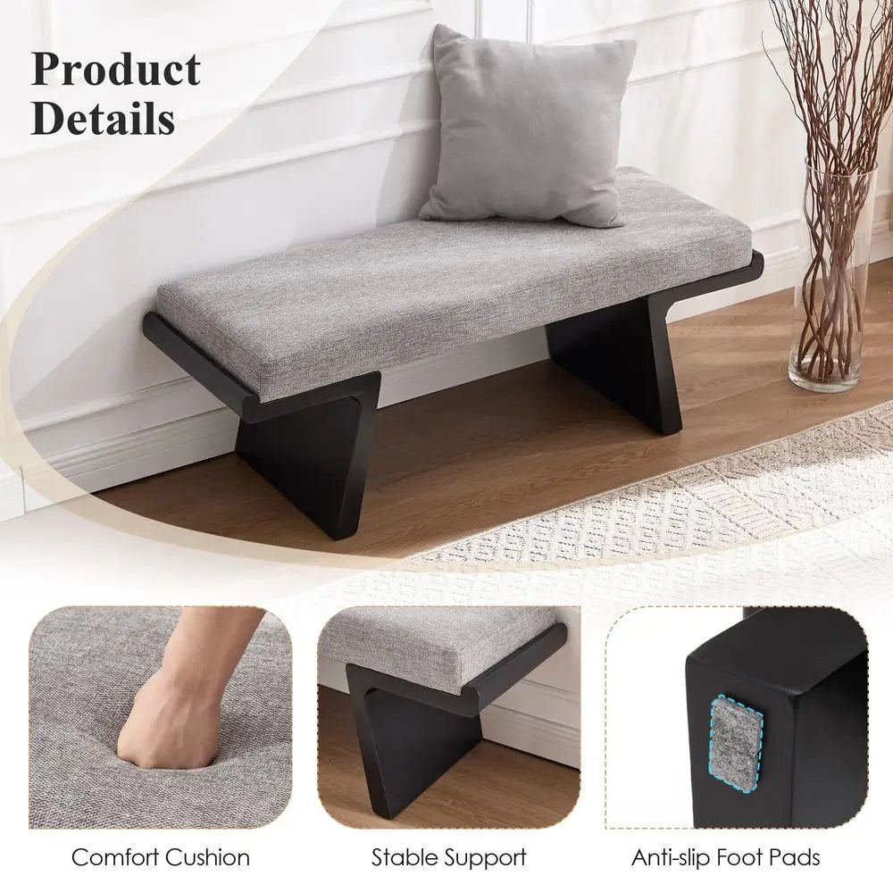 Bed Bench, Upholstered, Solid Wood Legs, Floating Design, Linen Fabric