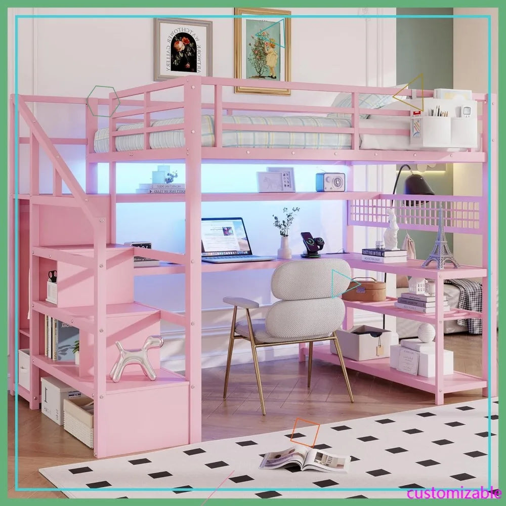 Full Size Loft Bed Frame w/Stairs, Desk, Storage Staircase, Charging Station & LED Light