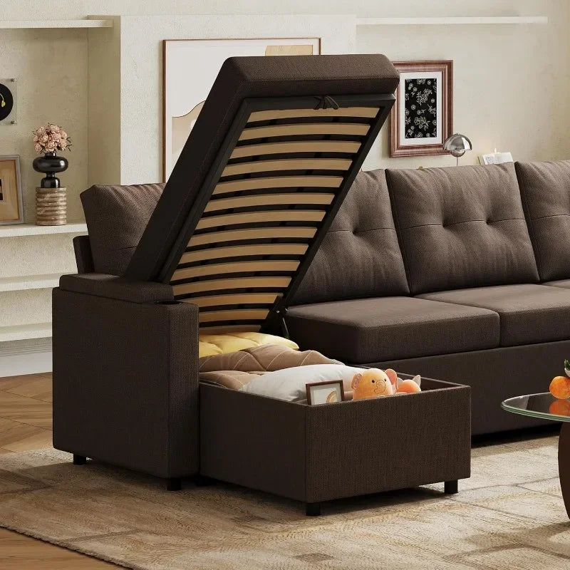 110'' Sectional 7-Seat U-Shape Pull-Out Sleeper, Storage Chaise, Pillows