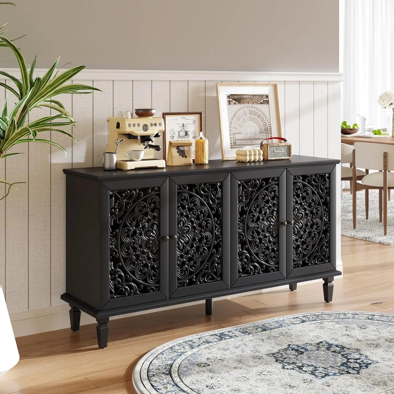 60" Blue Sideboard Buffet 4-Door Hollow Storage Shelf Vintage Console