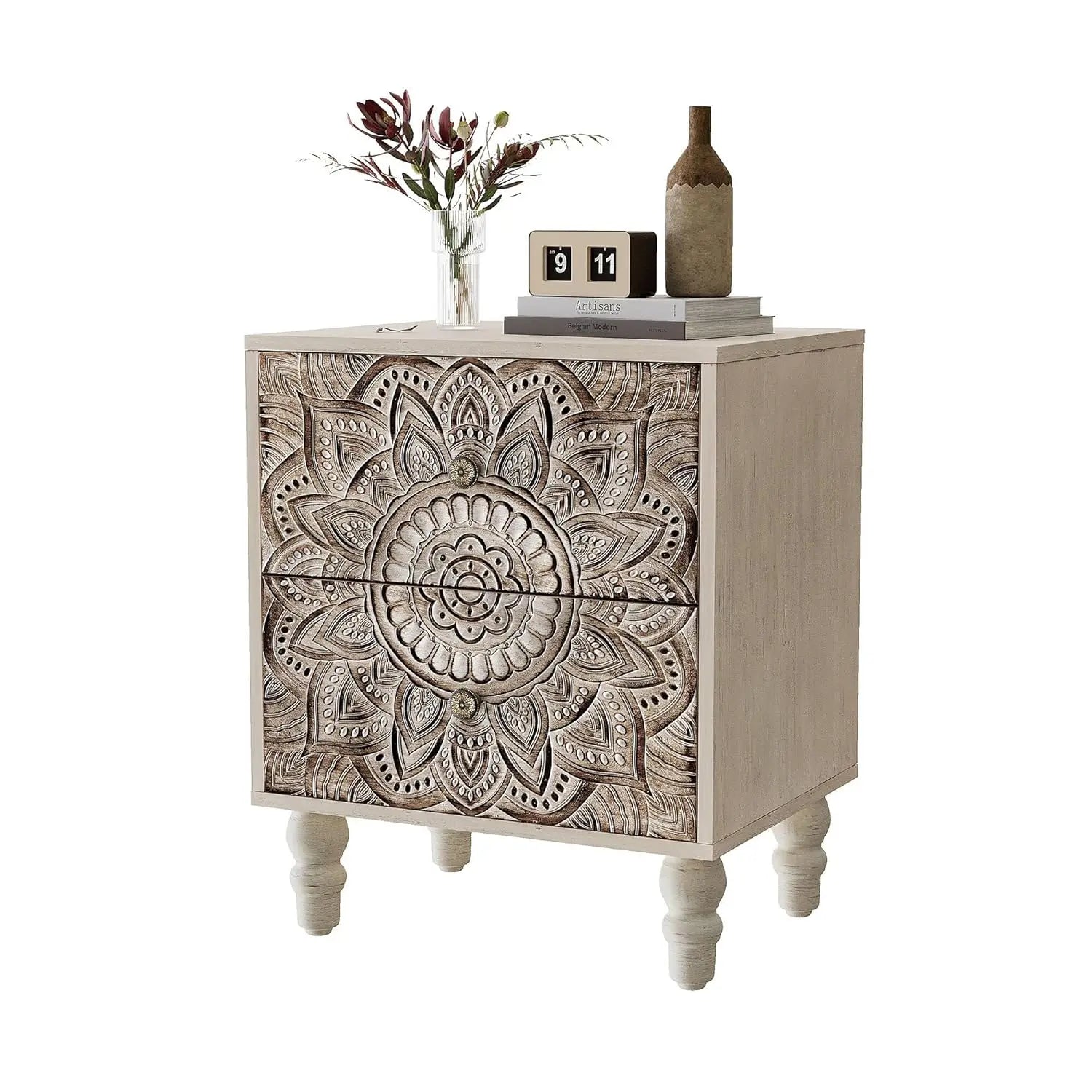 White Nightstand 2-Drawer & Storage Flower Motif