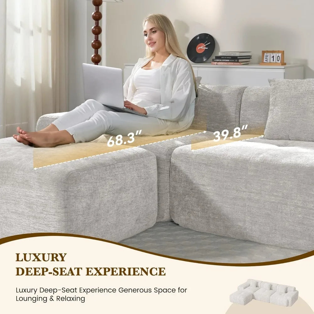 122" L Shaped Boneless Modular Cloud Couch Sectional, Ottoman, 4-Seat