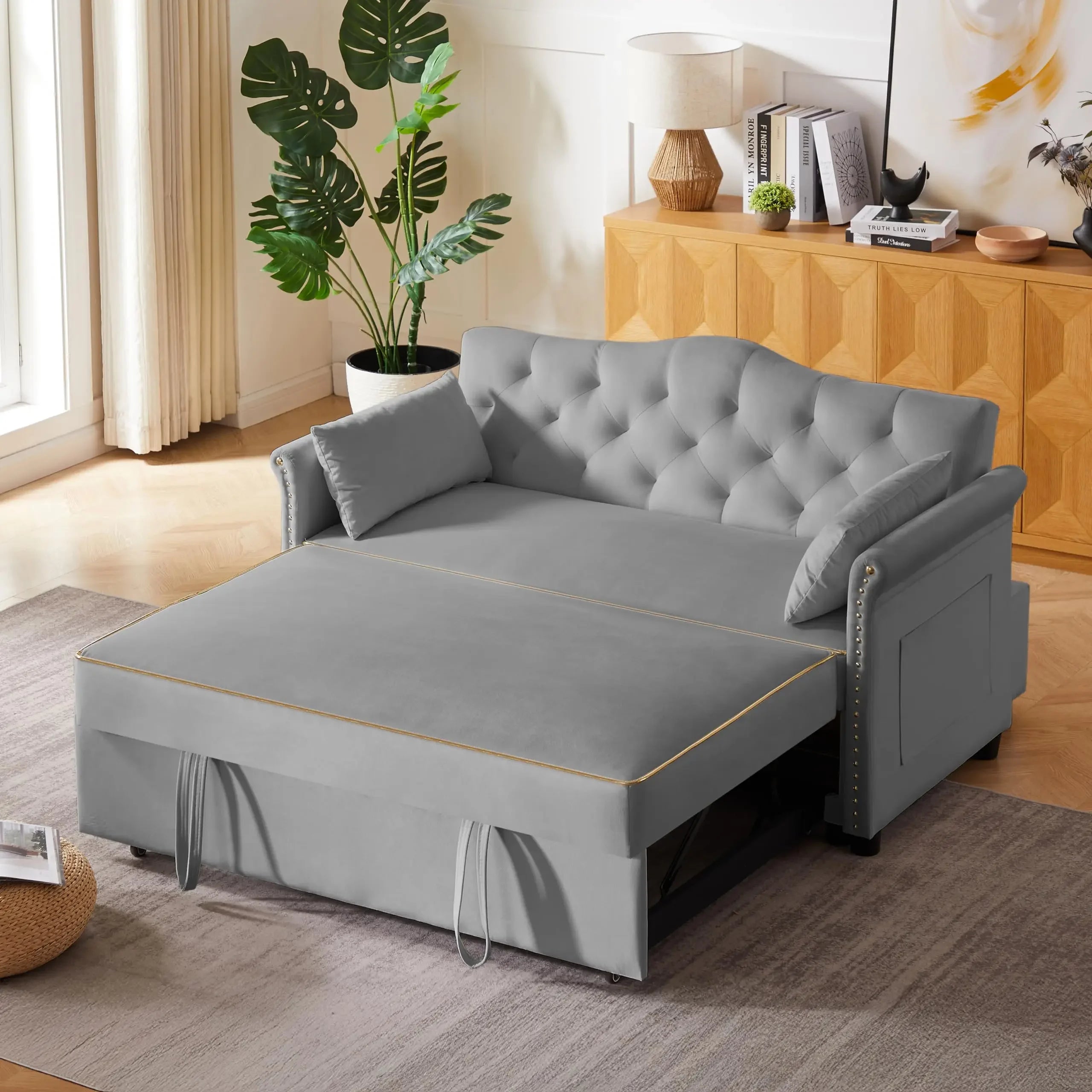 65'' 3-in-1 Folding, Pullout, Convertible Sofa Bed, 360° Swivel Side Table