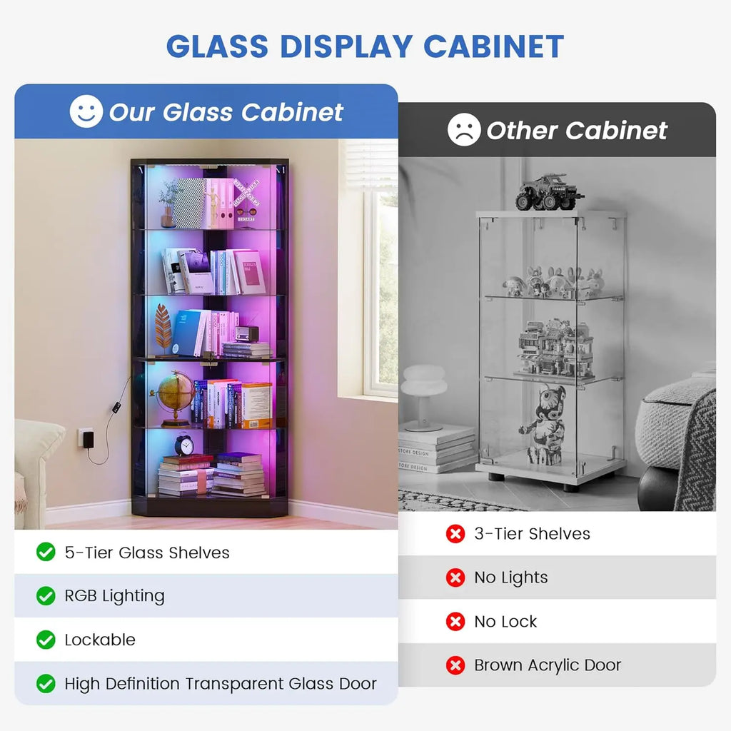 Corner Cabinet RGB Lights, 5-Tiers Cabinet Display with Lock, 69" Tall