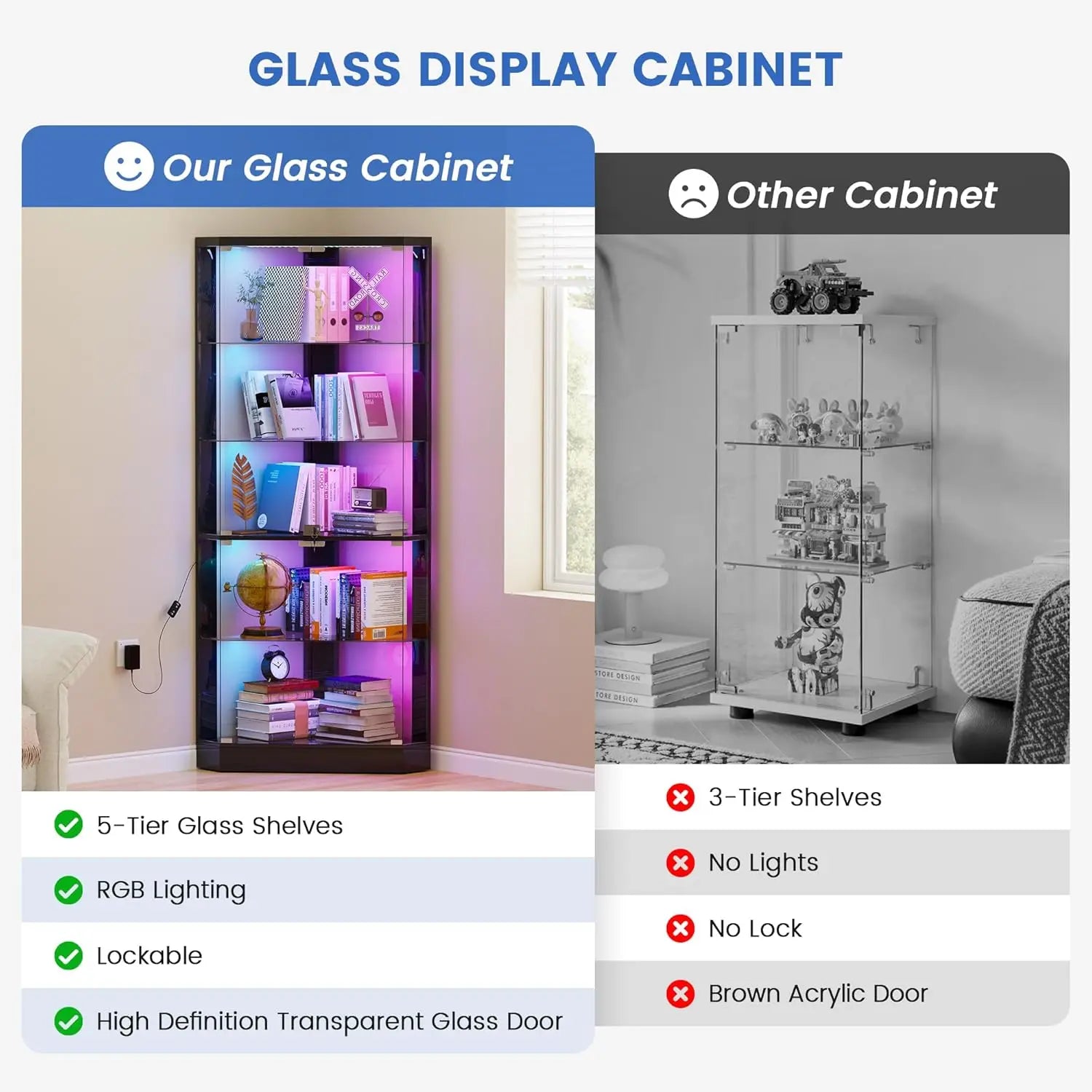 Corner Cabinet RGB Lights, 5-Tiers Cabinet Display with Lock, 69" Tall