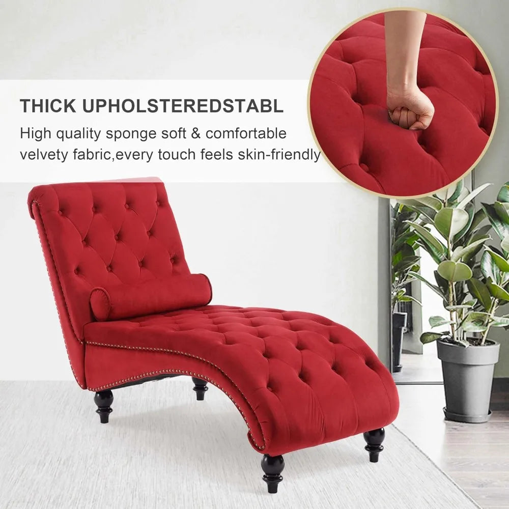 Velvet Upholstered Chaise Lounge with Pillow, Tufted Armless Recliner, Red