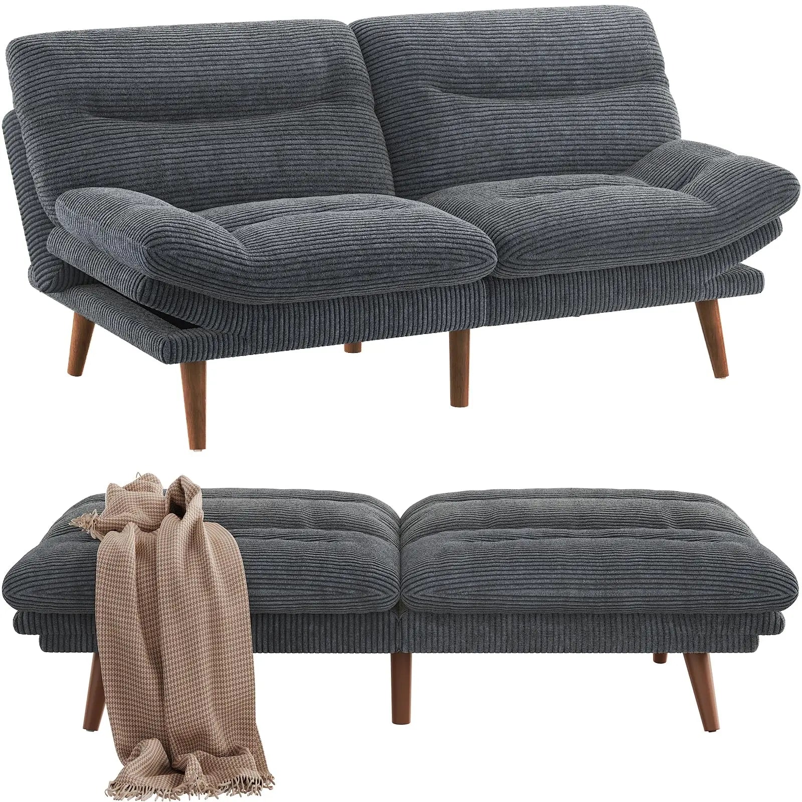 Futon Sofa Bed, 66IN Corduroy Recliner Sleeper, Adjustable Backrest, Armrests