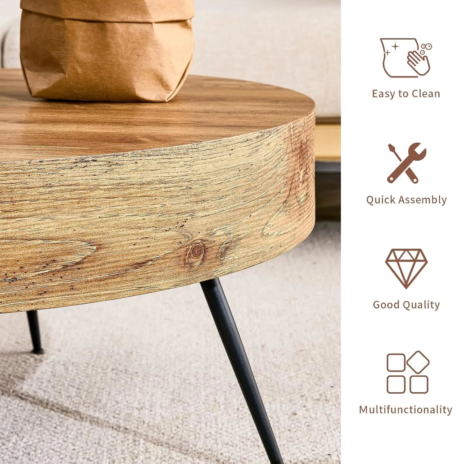 31.5" Wood Coffee Table, Storage Shelf, Round Accent Center Table