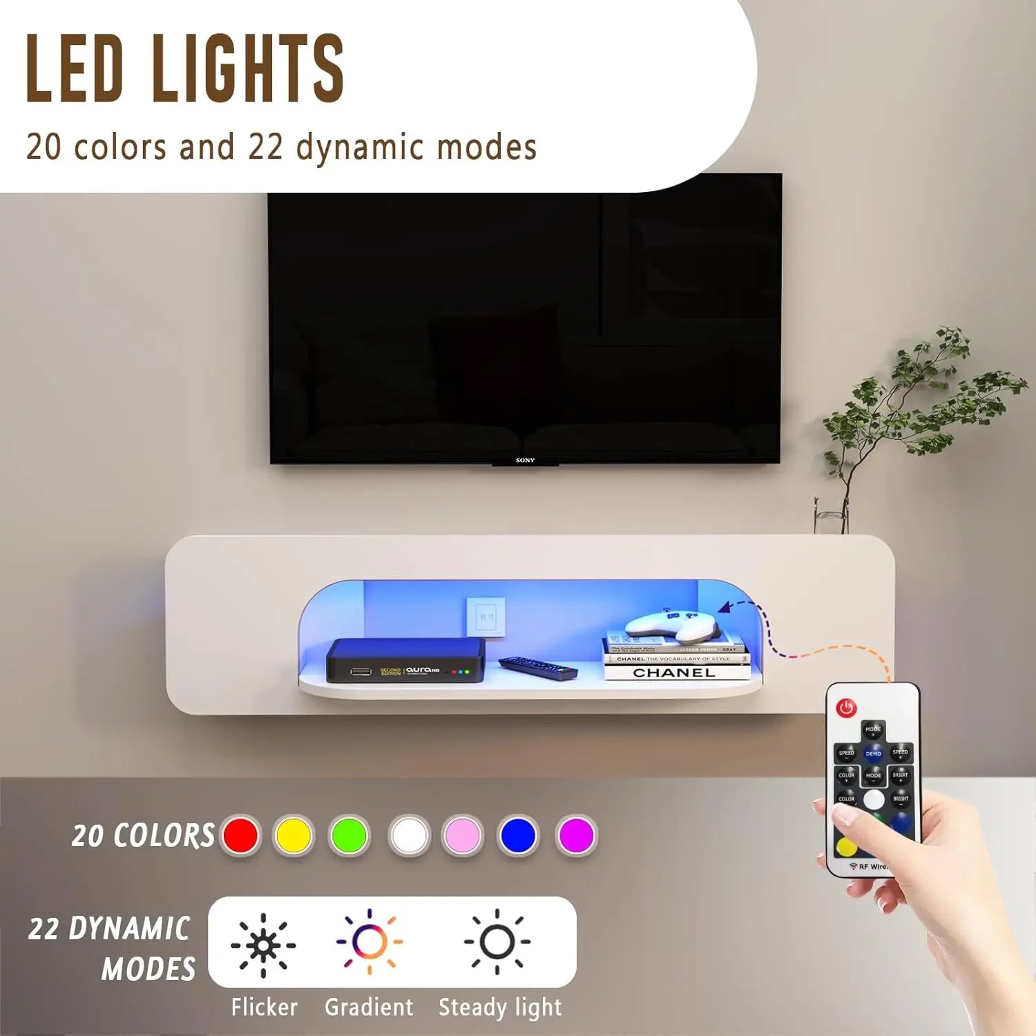 Floating TV Stand LED Lights, 58'' Wall Mounted , 1 Open Shelf