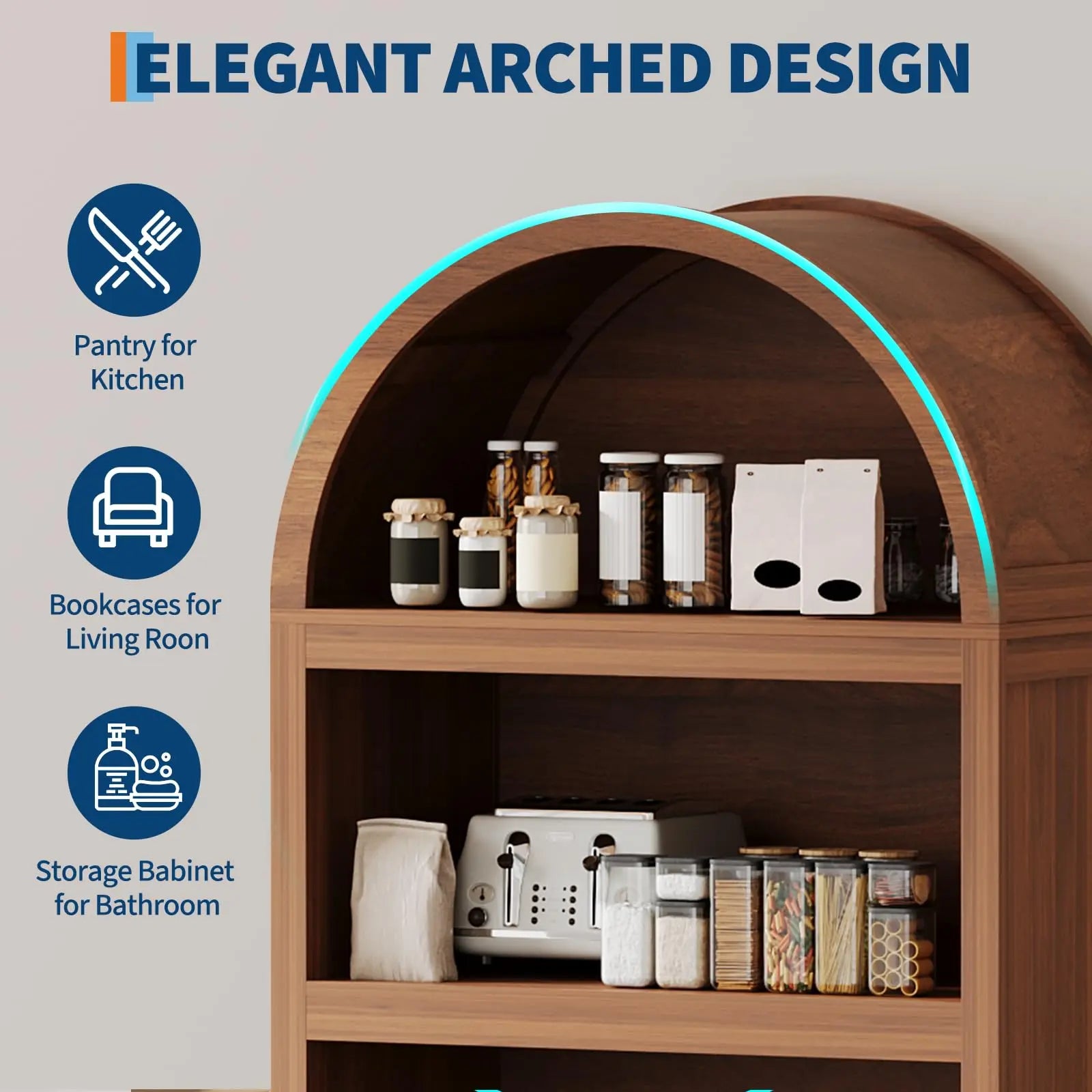 71IN Arched Bookcase 5-Tier Storage Doors Open Shelves