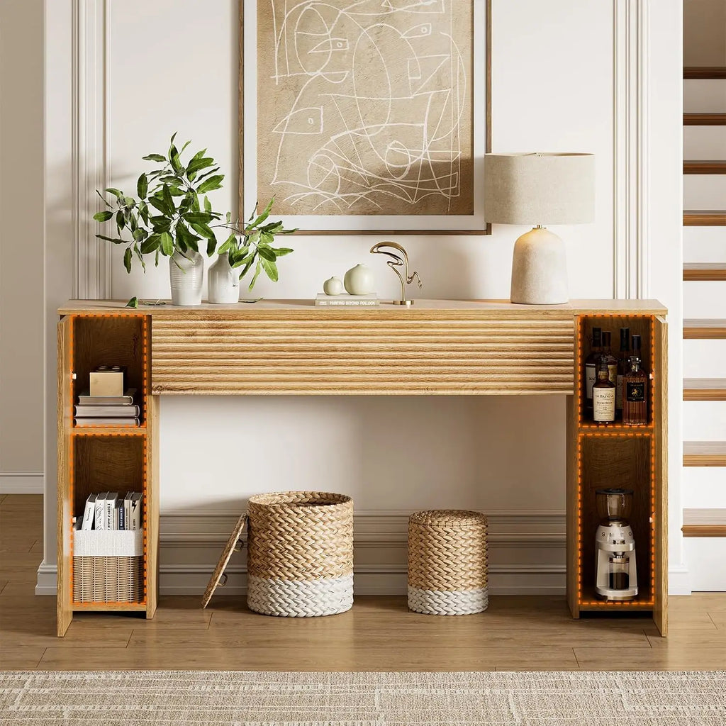 61'' Fluted Console Wooden Rectangular Table, 2 Hidden Storage