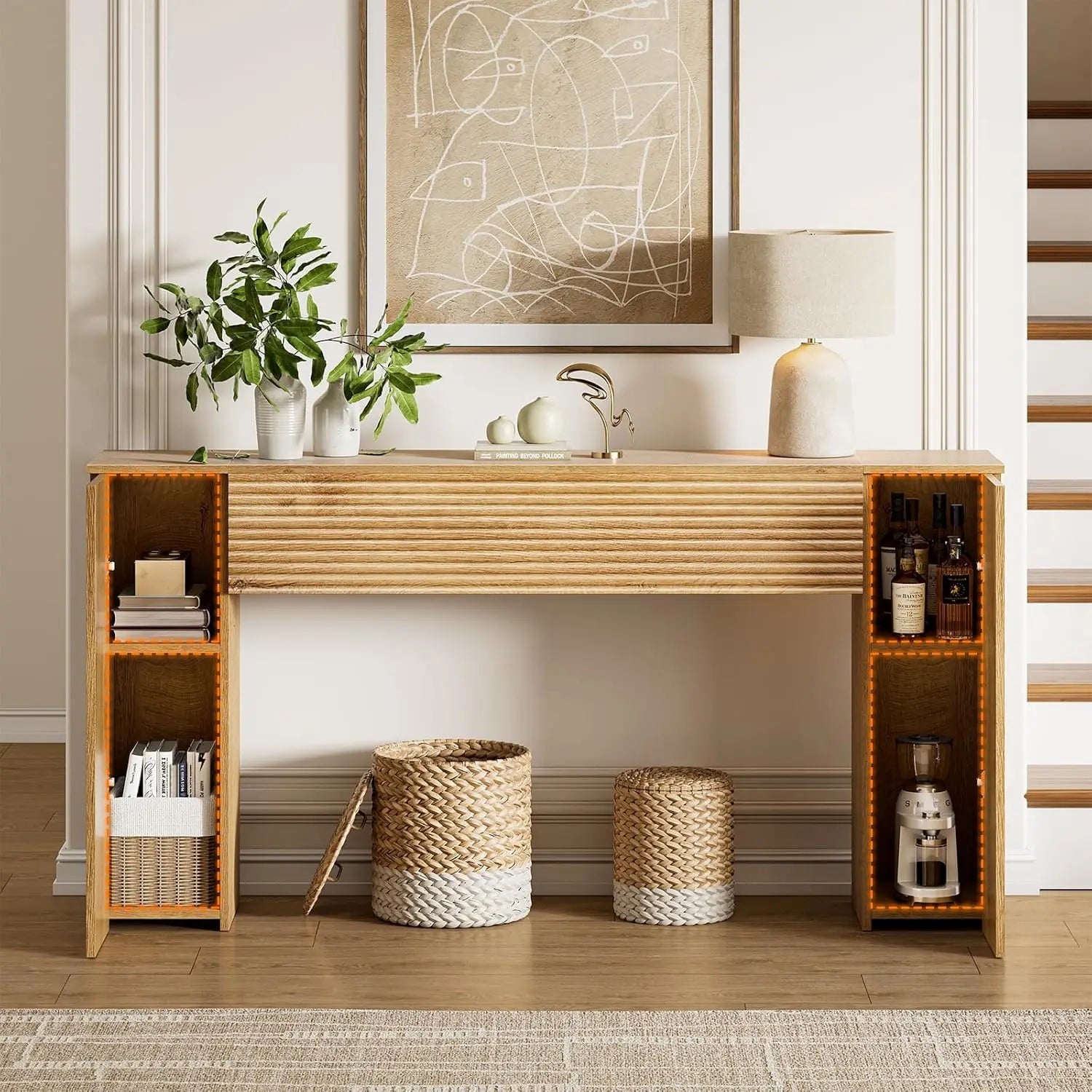 61'' Fluted Console Wooden Rectangular Table, 2 Hidden Storage