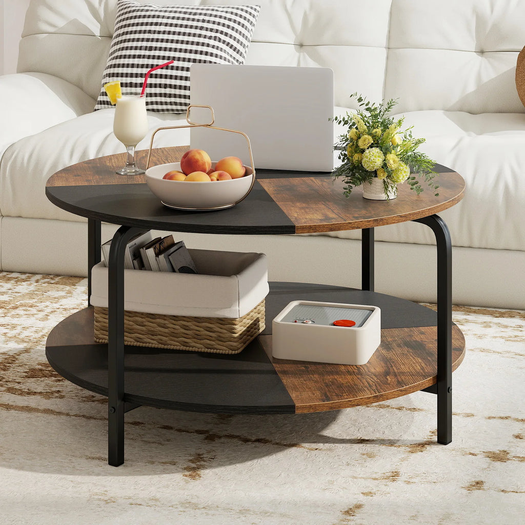 2-Tier Round Coffee Table w/ Storage Shelf, Metal Frame