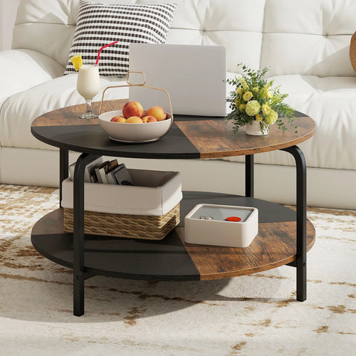 2-Tier Round Coffee Table w/ Storage Shelf, Metal Frame