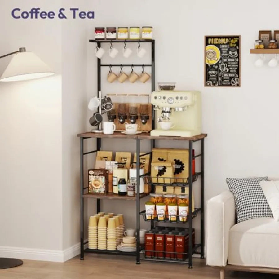 Baker's Rack Storage, Coffee Bar Cabinet, Shelves, Organizer 8 Hooks, Baskets
