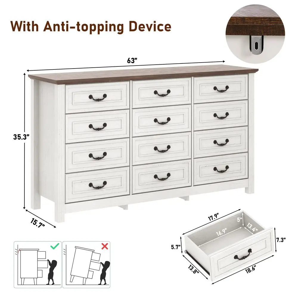 Farmhouse 12-Drawer 63IN Wood Chest of Drawers, Rustic Handles