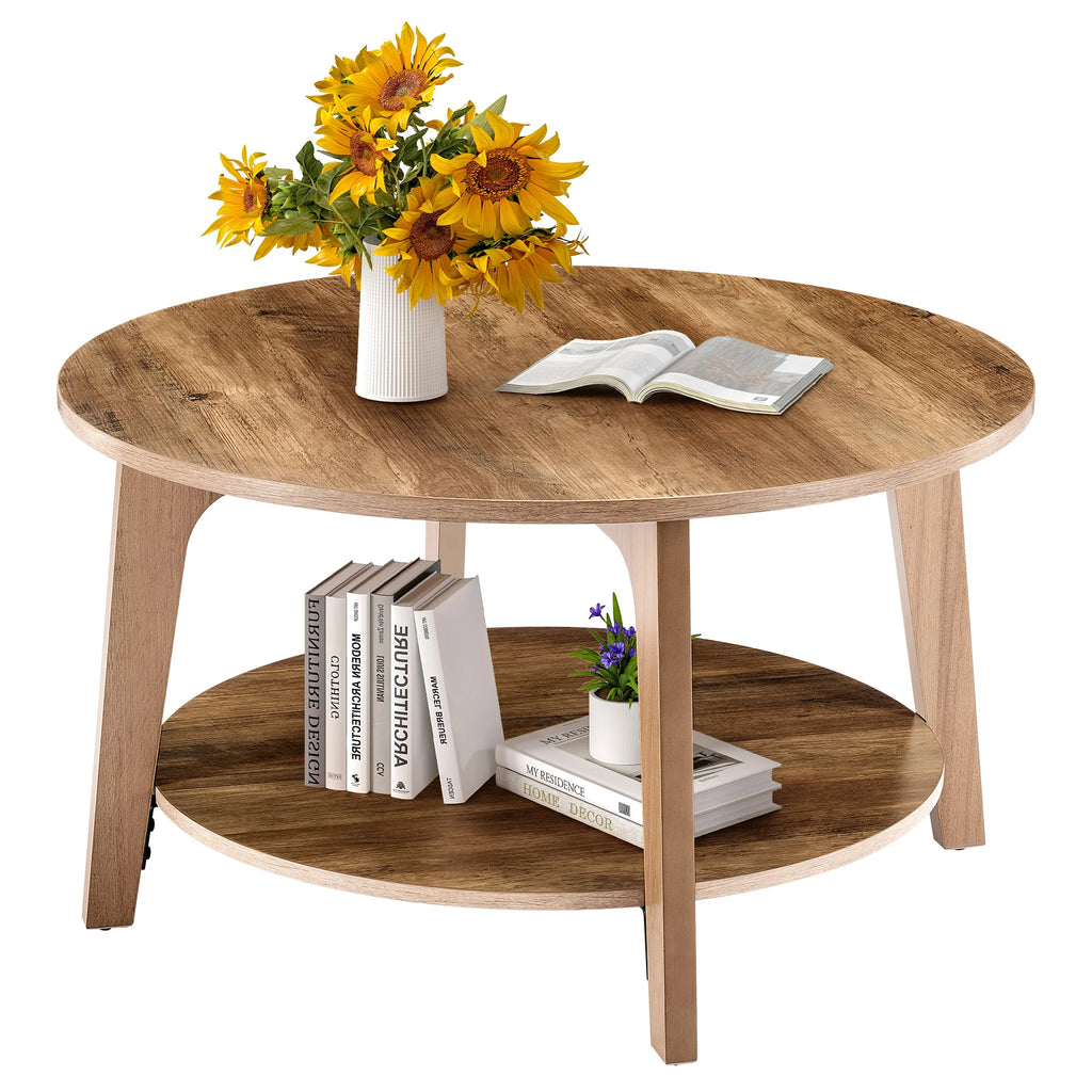 JHK 32IN Wood Round 2-Tier Coffee Table Storage 50 lbs