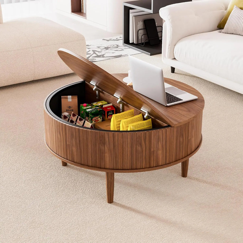 Round Fluted Lift Top Coffee Table, Storage 31.5inch Walnut