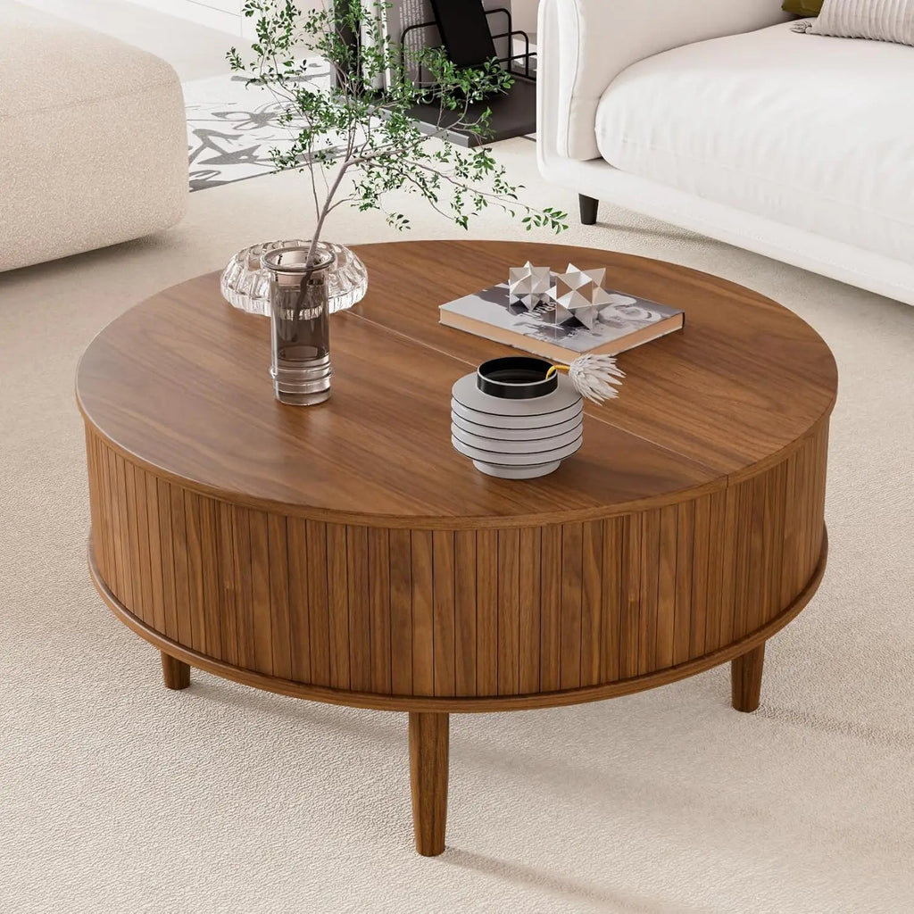 Round Fluted Lift Top Coffee Table, Storage 31.5inch Walnut