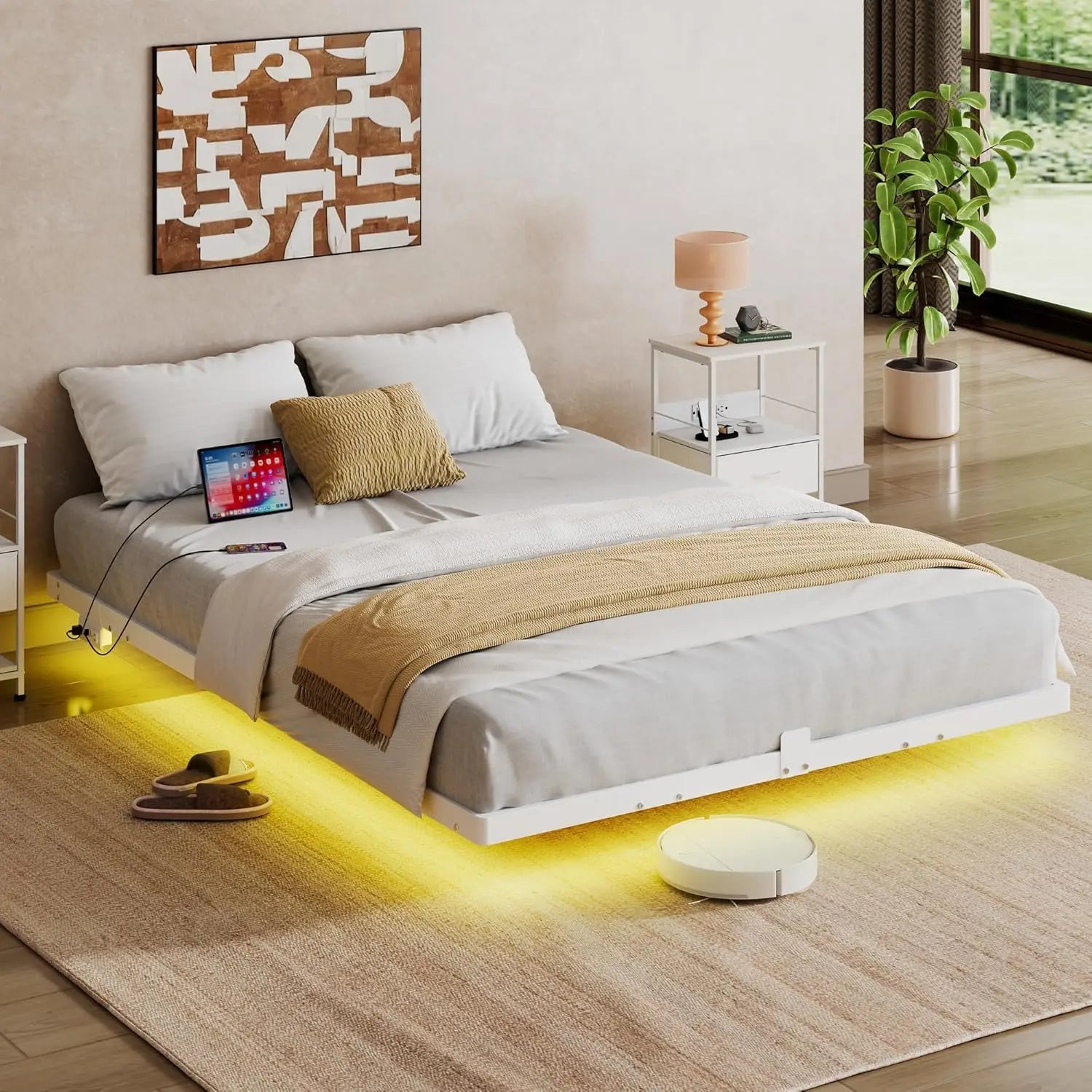 Floating Queen Bed Frame, 1500Lbs Heavy Duty Metal Platform LED Light Charging Station, No Box Spring