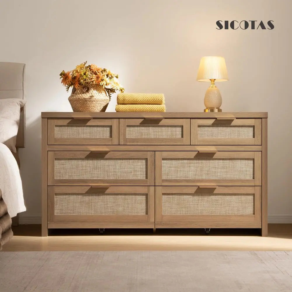 7-Drawer Dresser 57IN Wide Rattan Dressers, Large Chest of Drawers