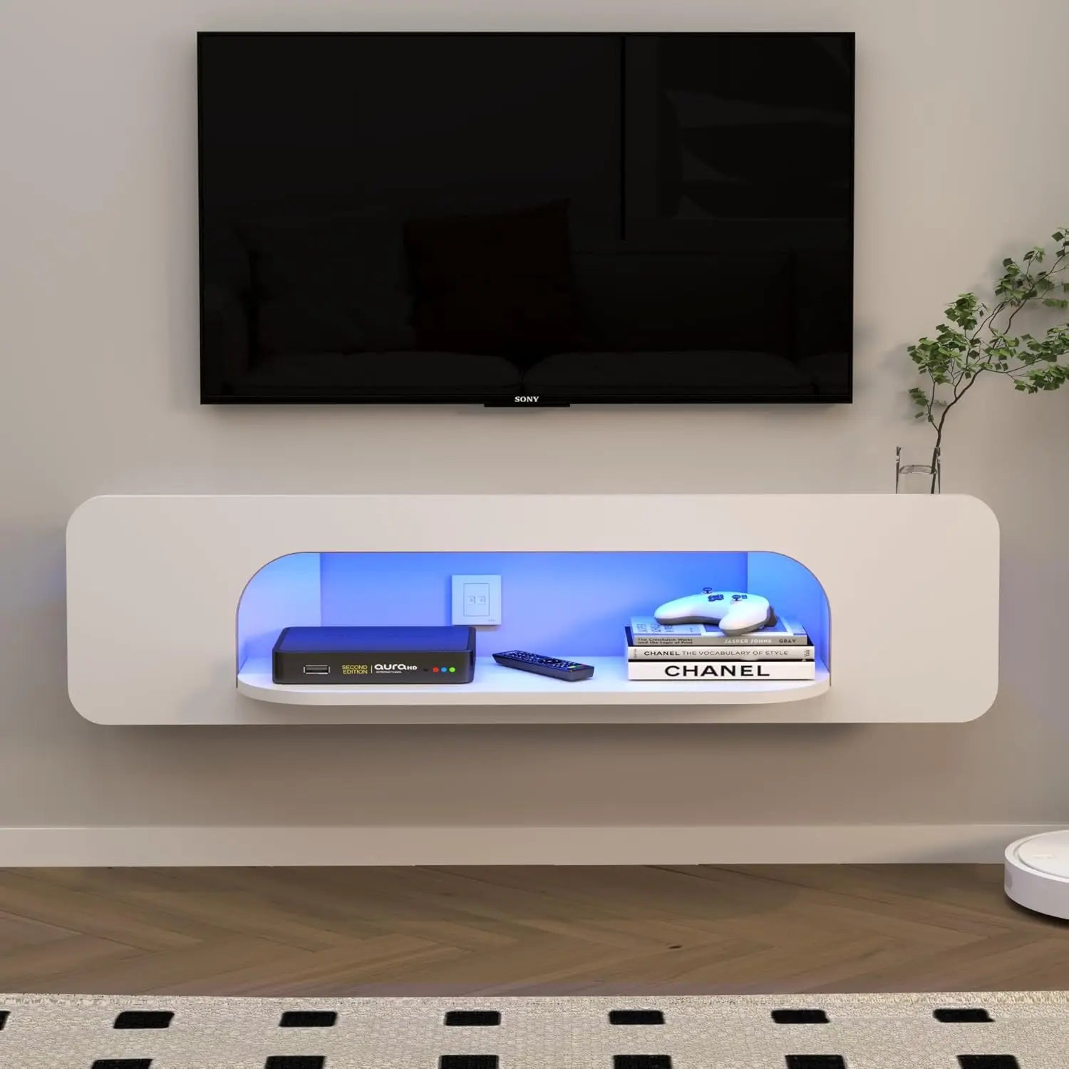 Floating TV Stand LED Lights, 58'' Wall Mounted , 1 Open Shelf