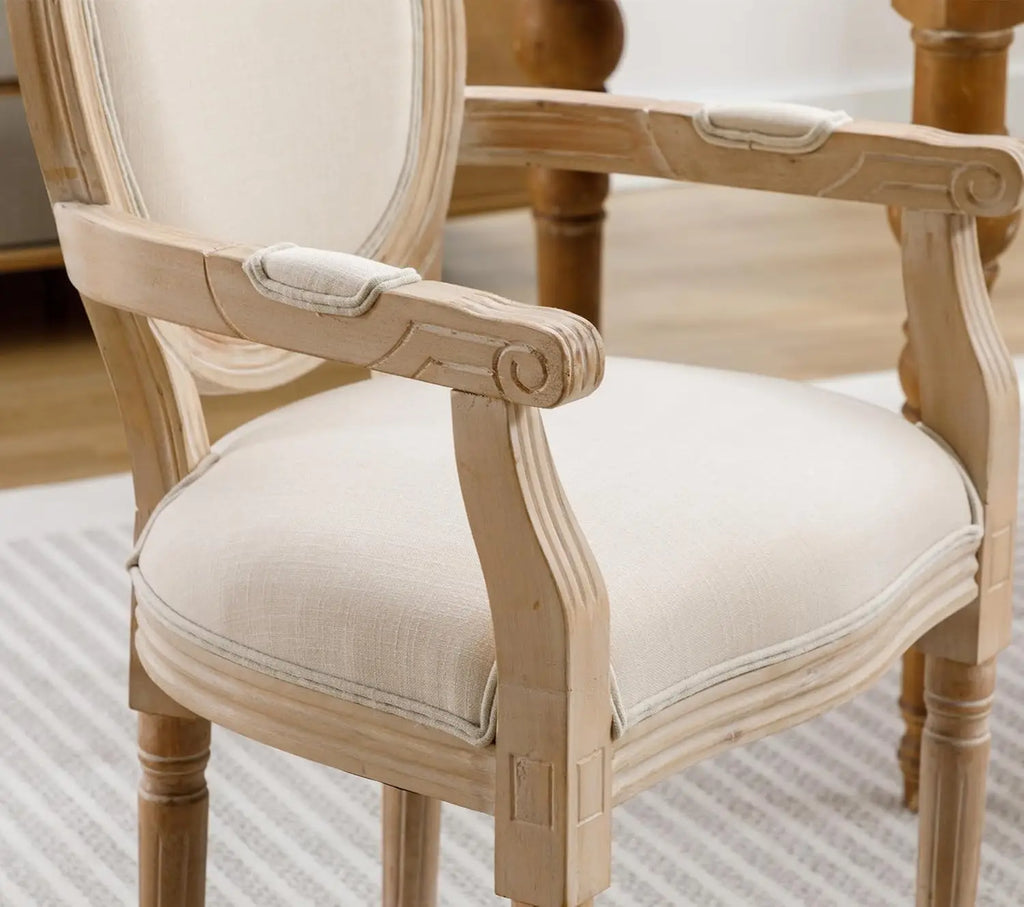 Set-of-2 French Round Back Upholstered Solid Wood Dining Chairs Armrest