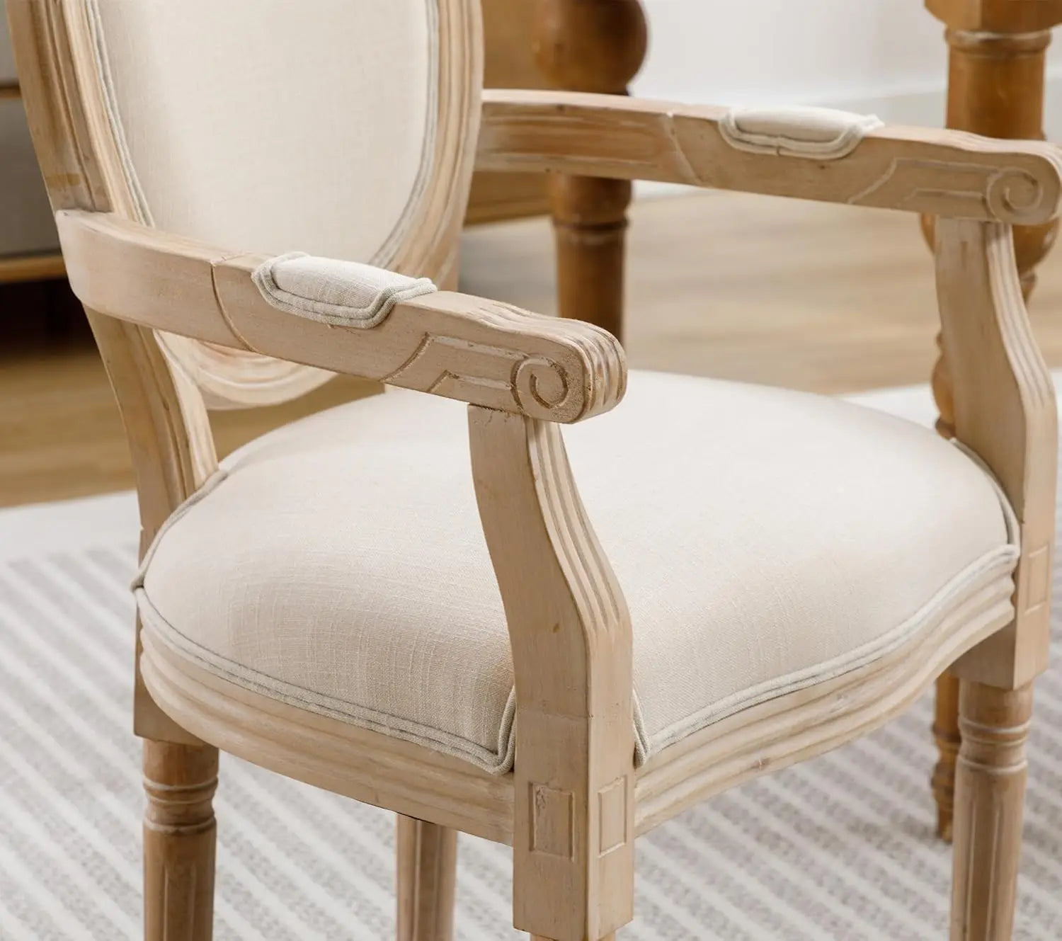 Set-of-2 French Round Back Upholstered Solid Wood Dining Chairs Armrest