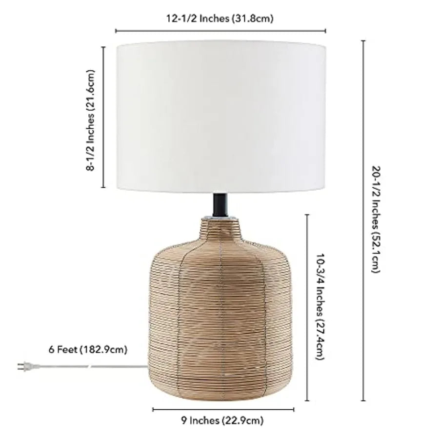 20.5" Tall Petite/Rattan  Desk/Table Lamp, Fabric Shade in Natural Rattan/Brass/White