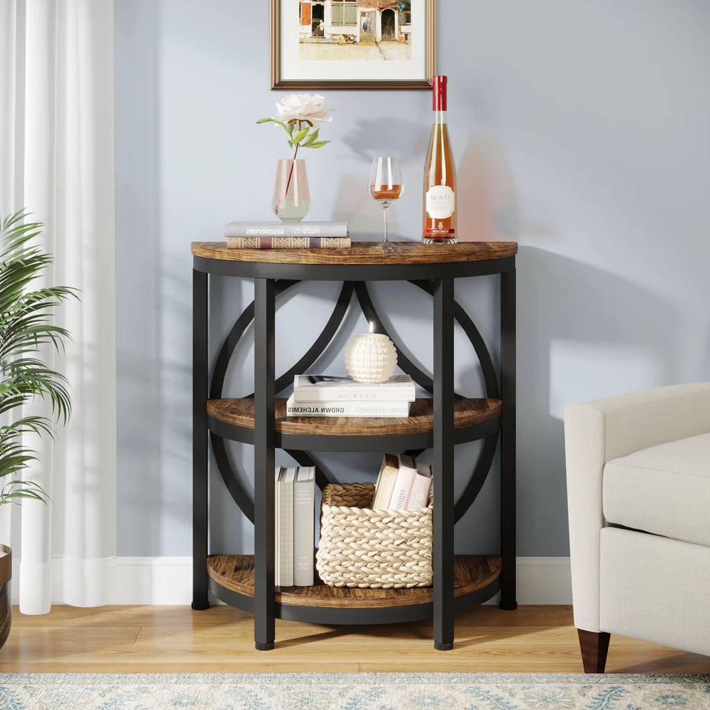 3-Tier Half Side Industrial Table, Metal Frame, Storage