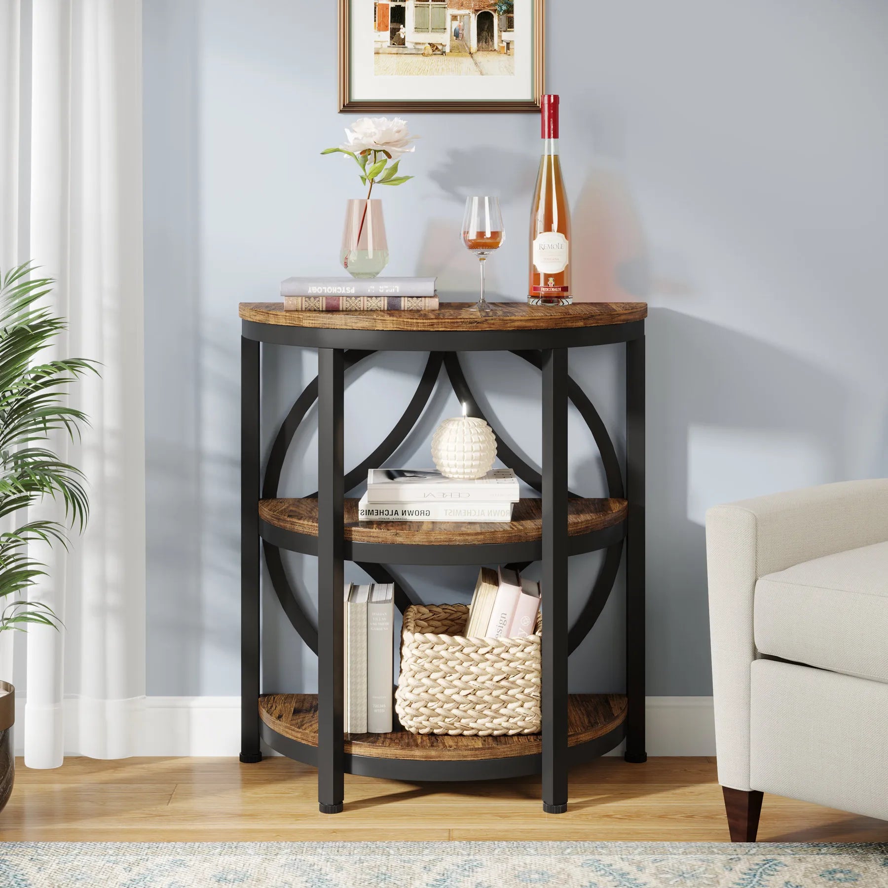 3-Tier Half Side Industrial Table, Metal Frame, Storage