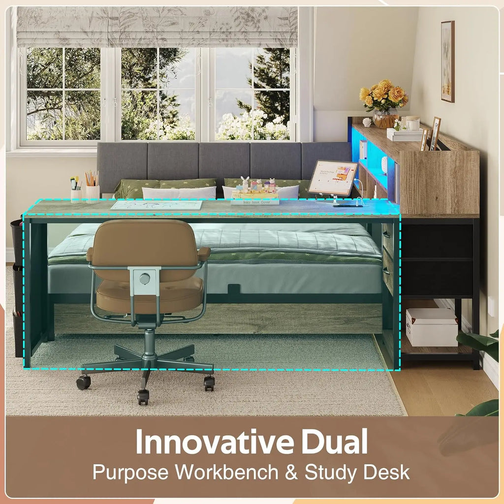 Corner Bed Full Desk Headboard 4 Drawers 6 Shelves LED USB