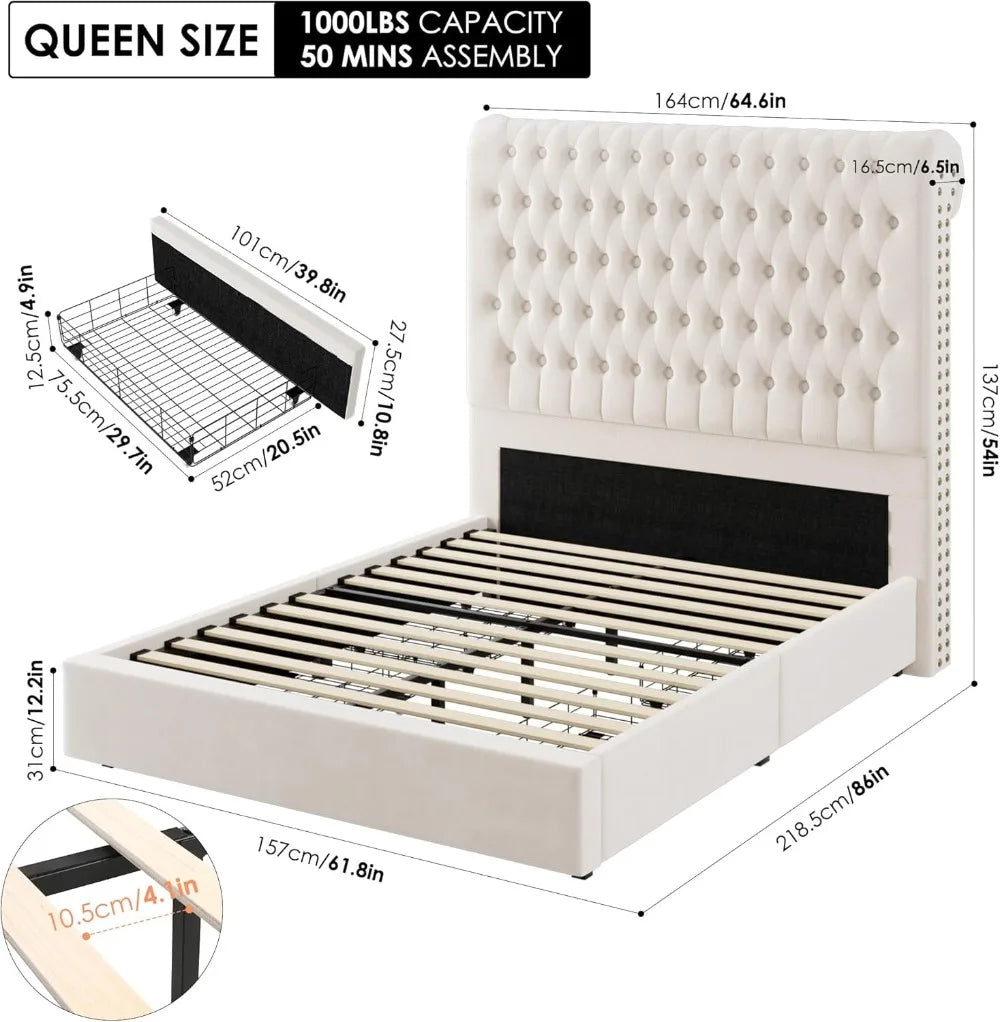 Queen Size Upholstered Tall Headboard, Button Tufted Velvet 4 Drawers