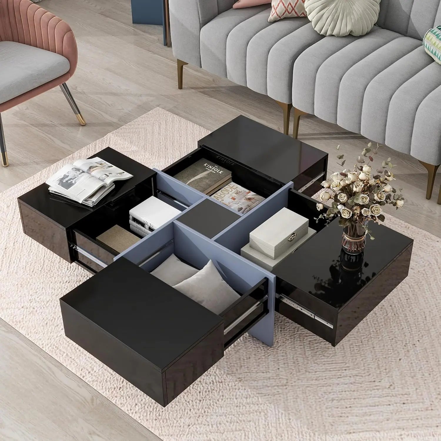 Coffee Table, Faux Marble Top, Rectangular with Caster Wheels.