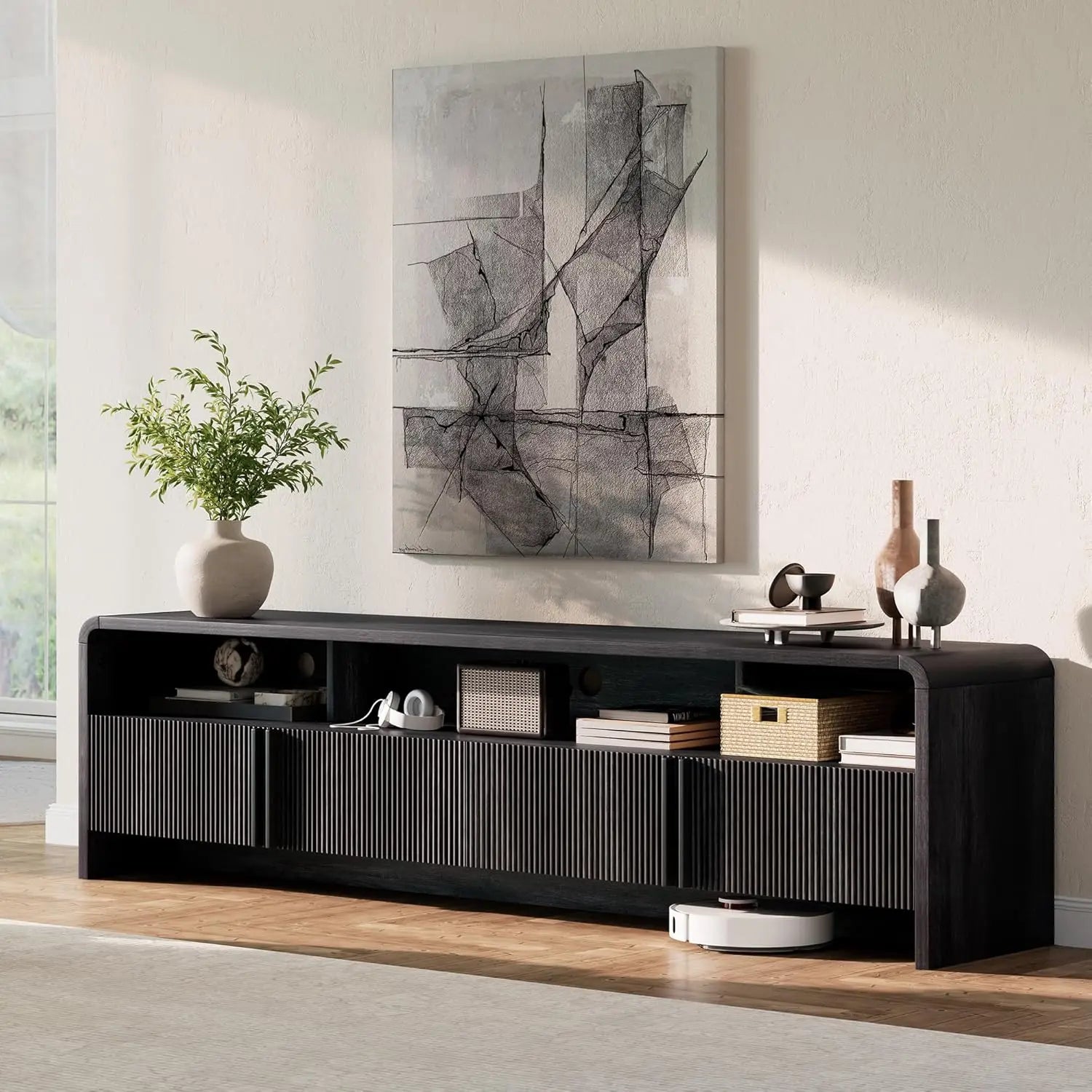 70IN Stand, Vertical Fluted Doors, 2 cabinets, 3 Open Compartments