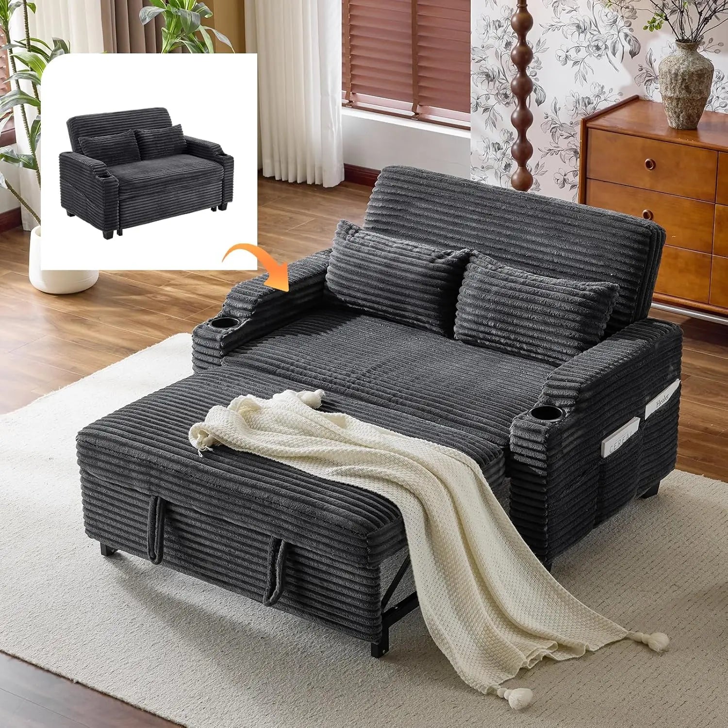 Rustic Futon Convertible Loveseat Sleeper Sofa Couch, Pullout USB Ports
