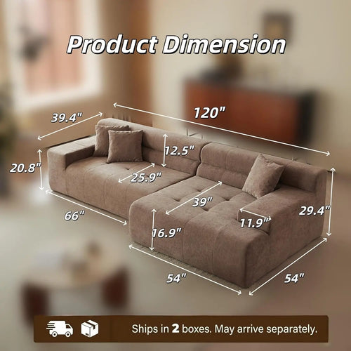 120" Tufted L-Shape Sectional Sofa Deep Seat Oversized Chaise, White