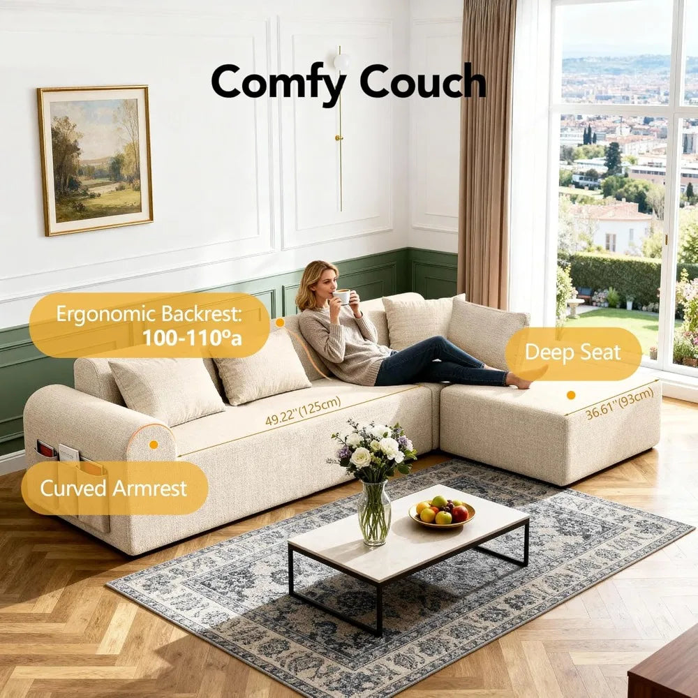 Cloud Boneless Sectional L-Shape 4-Seat Couch Ottoman 4 Pillows