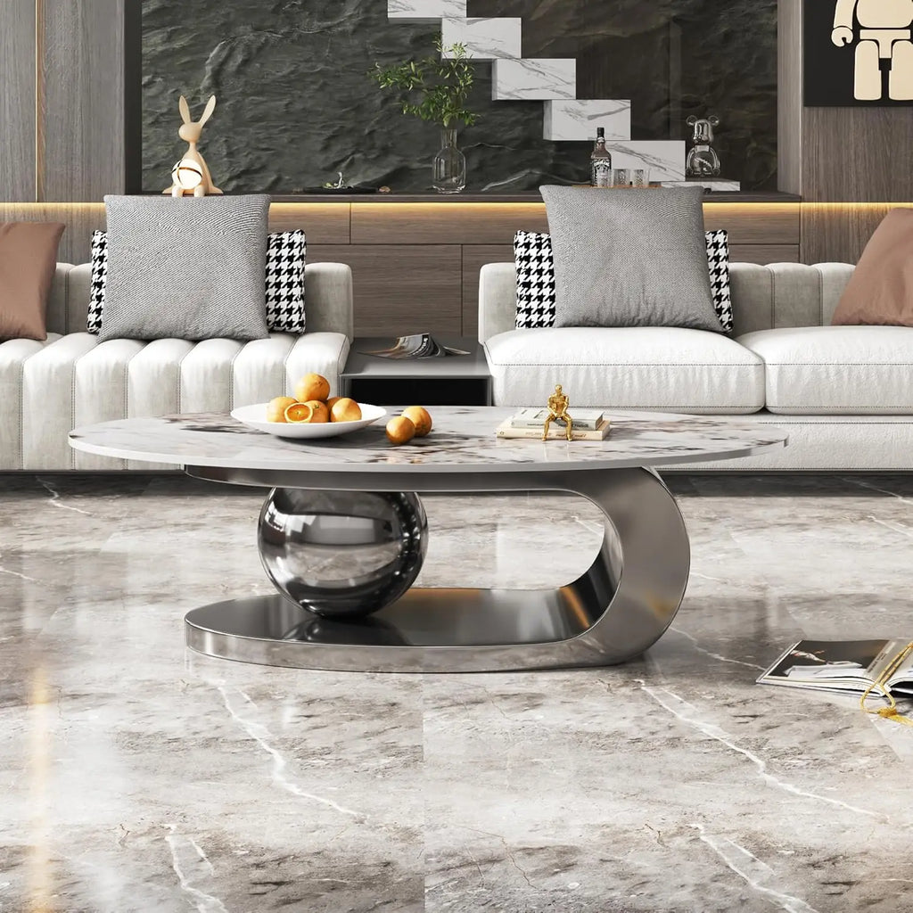Coffee Table, Silver Stainless Steel Pedestal Oval Faux Marble Top.