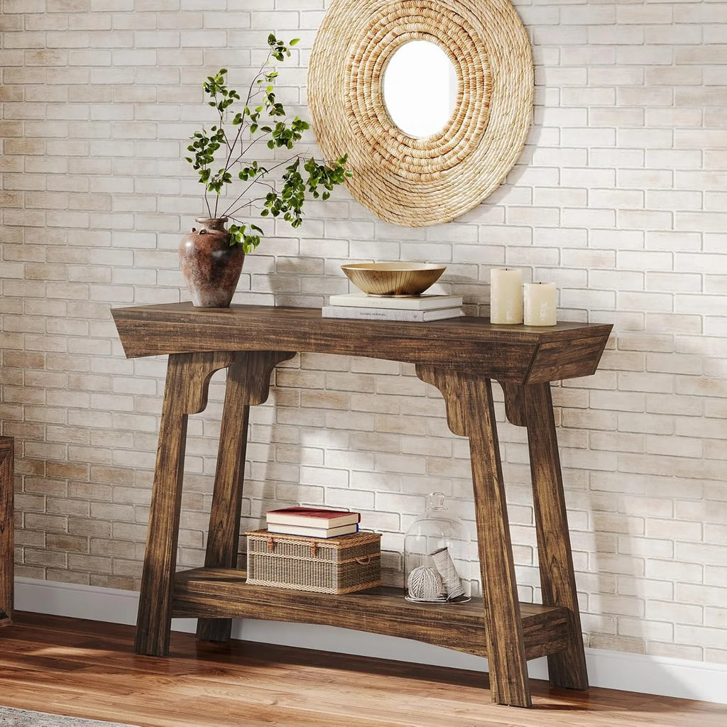41.3" Farmhouse Console Table/Behind Couch, 2-Tier with Storage