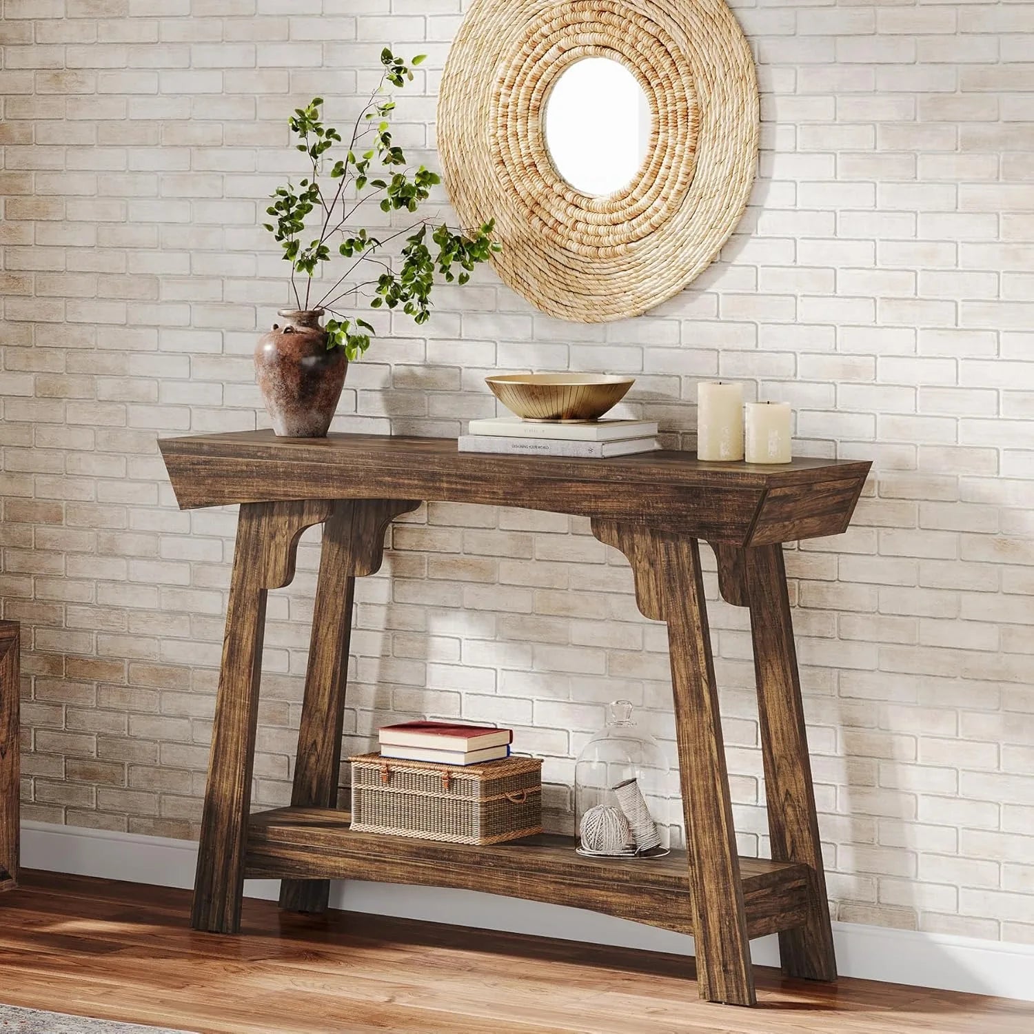 41.3" Farmhouse Console Table/Behind Couch, 2-Tier with Storage