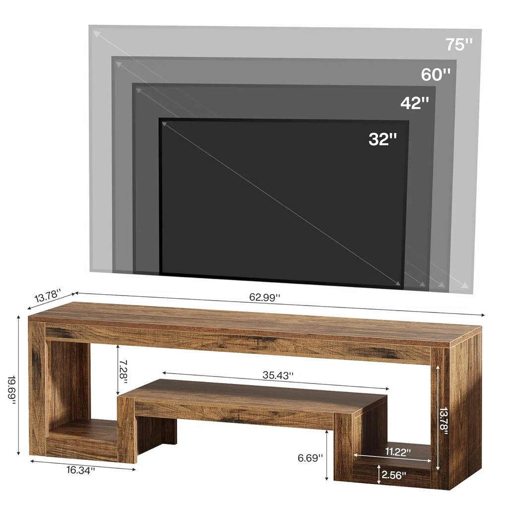 63IN Wood TV Stand Entertainment Center Open Storage Shelves