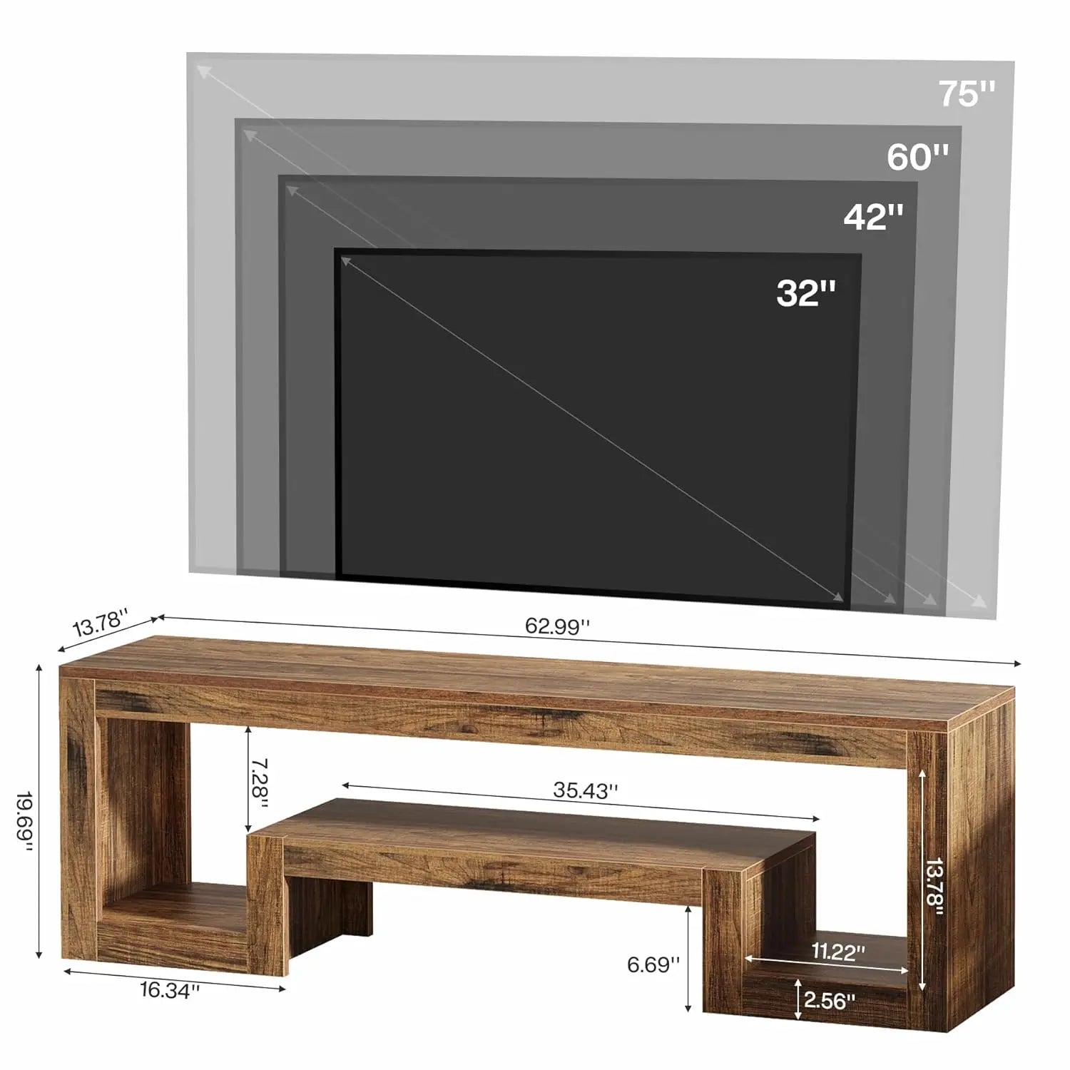 63IN Wood TV Stand Entertainment Center Open Storage Shelves